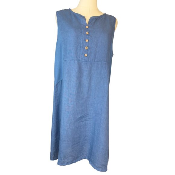 Terzo Millennio Dresses & Skirts - Terzo Millennio Size Large Blue Linen Sleeveless Button Front Sheath Linen Dress